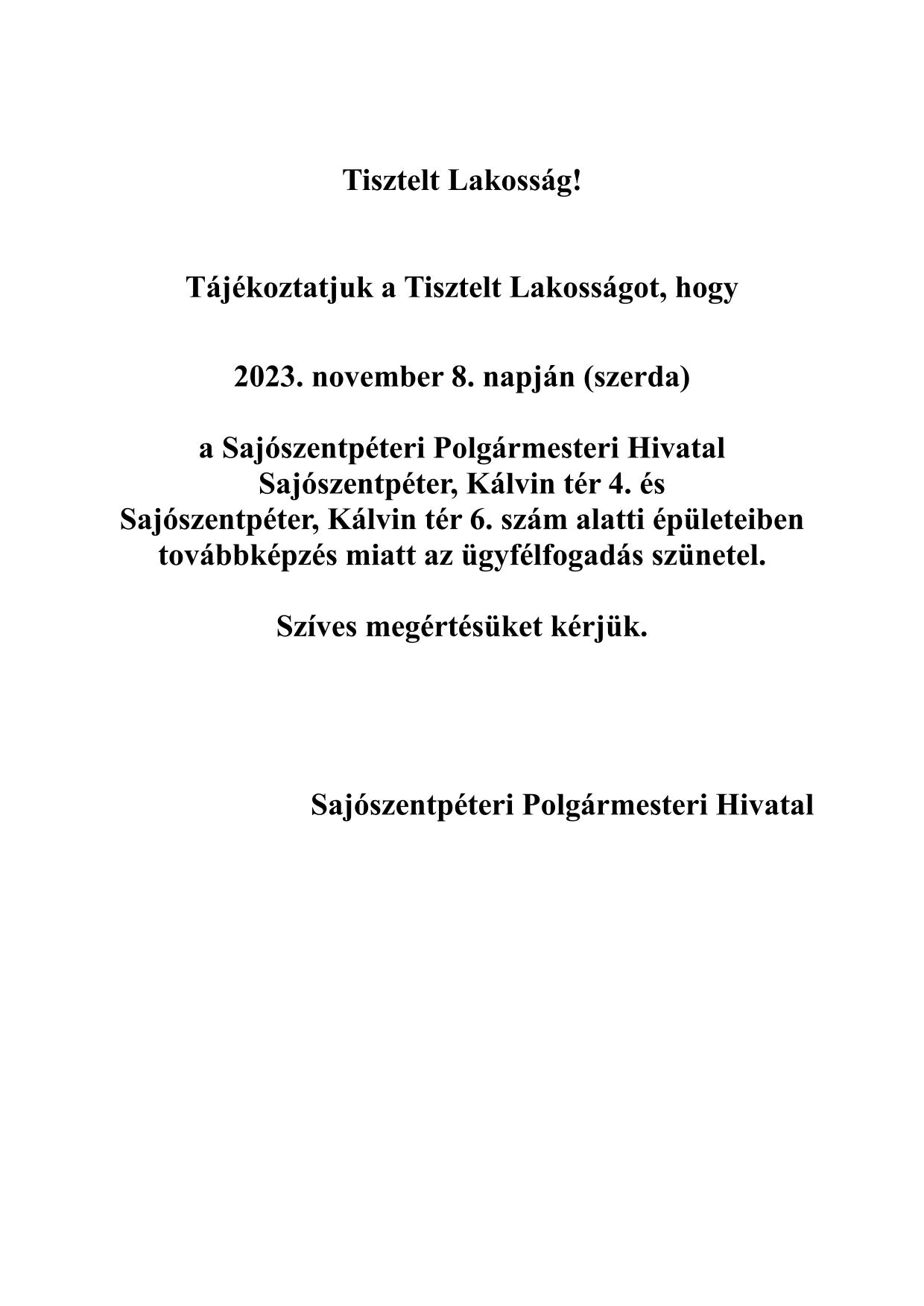 Lakossági tájékoztató- ügyfélfogadás szünetel 2023. nov. 8.-1.jpg
