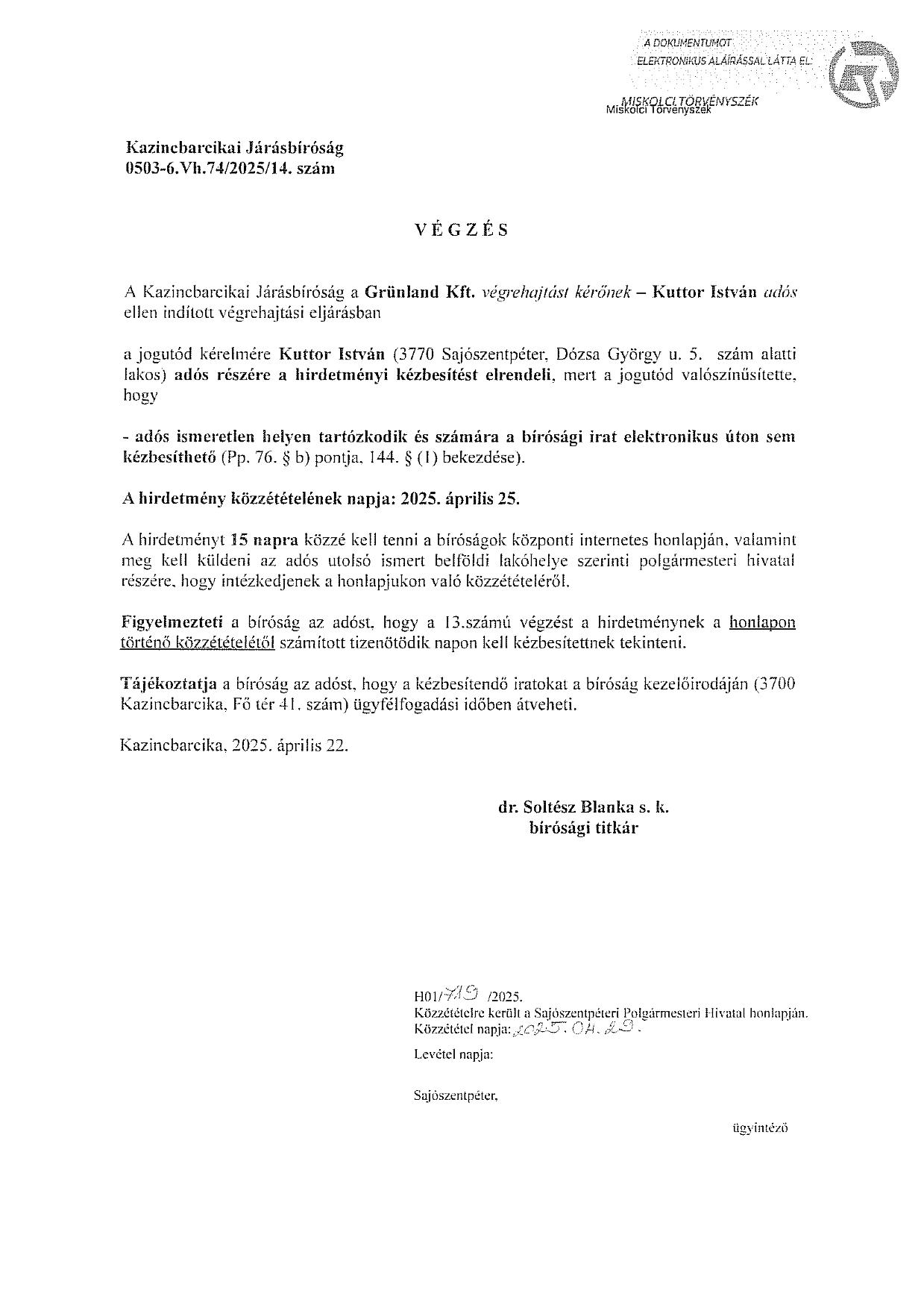 0503-6.Vh.74/2025/14. számú végzés