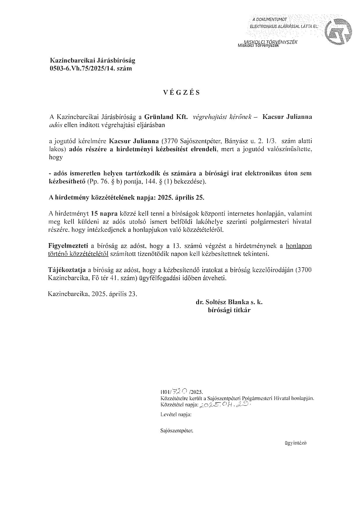 0503-6.Vh.75/2025/14. számú végzés