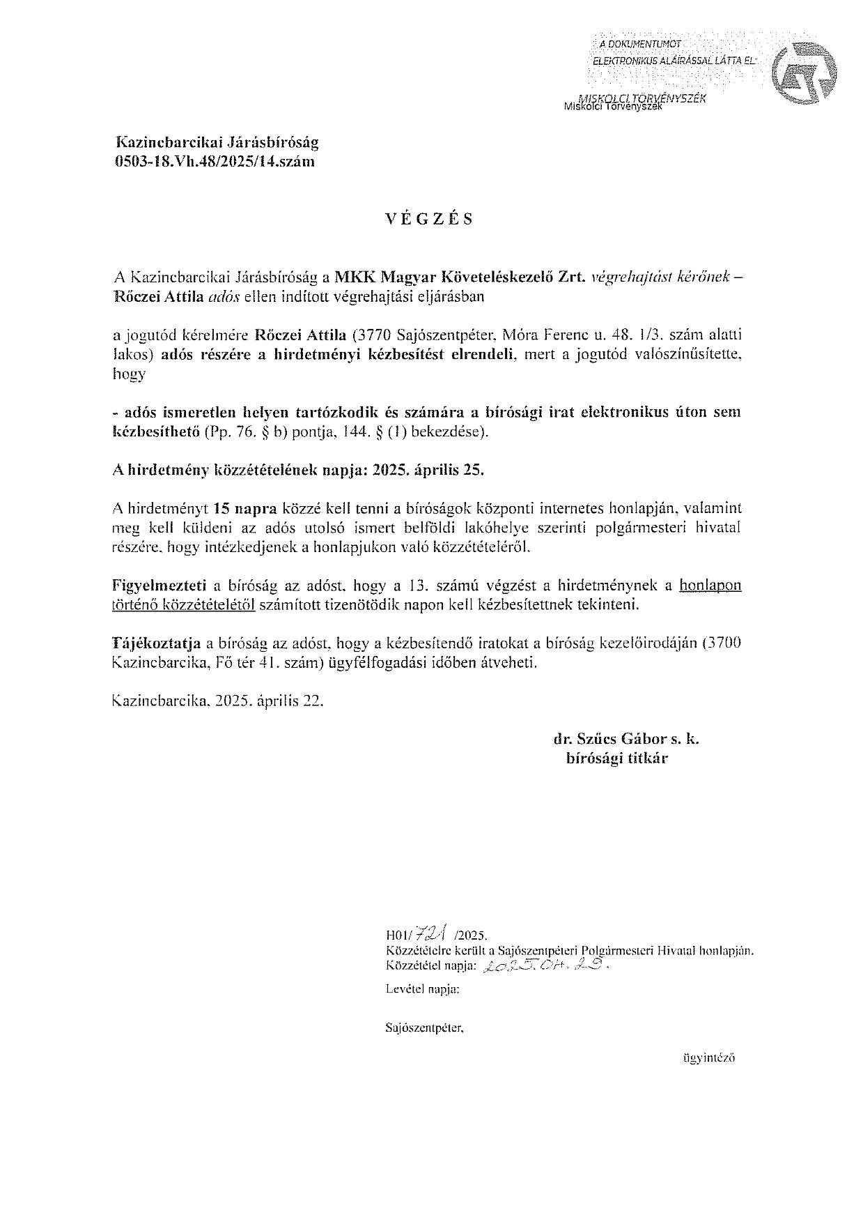 0503-18.Vh.48/2025/14. számú végzés