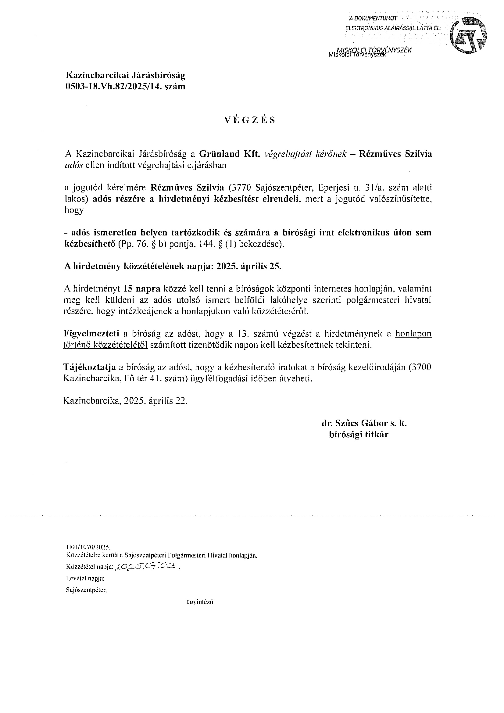 0503-18.Vh.82/2025/14. számú Végzés