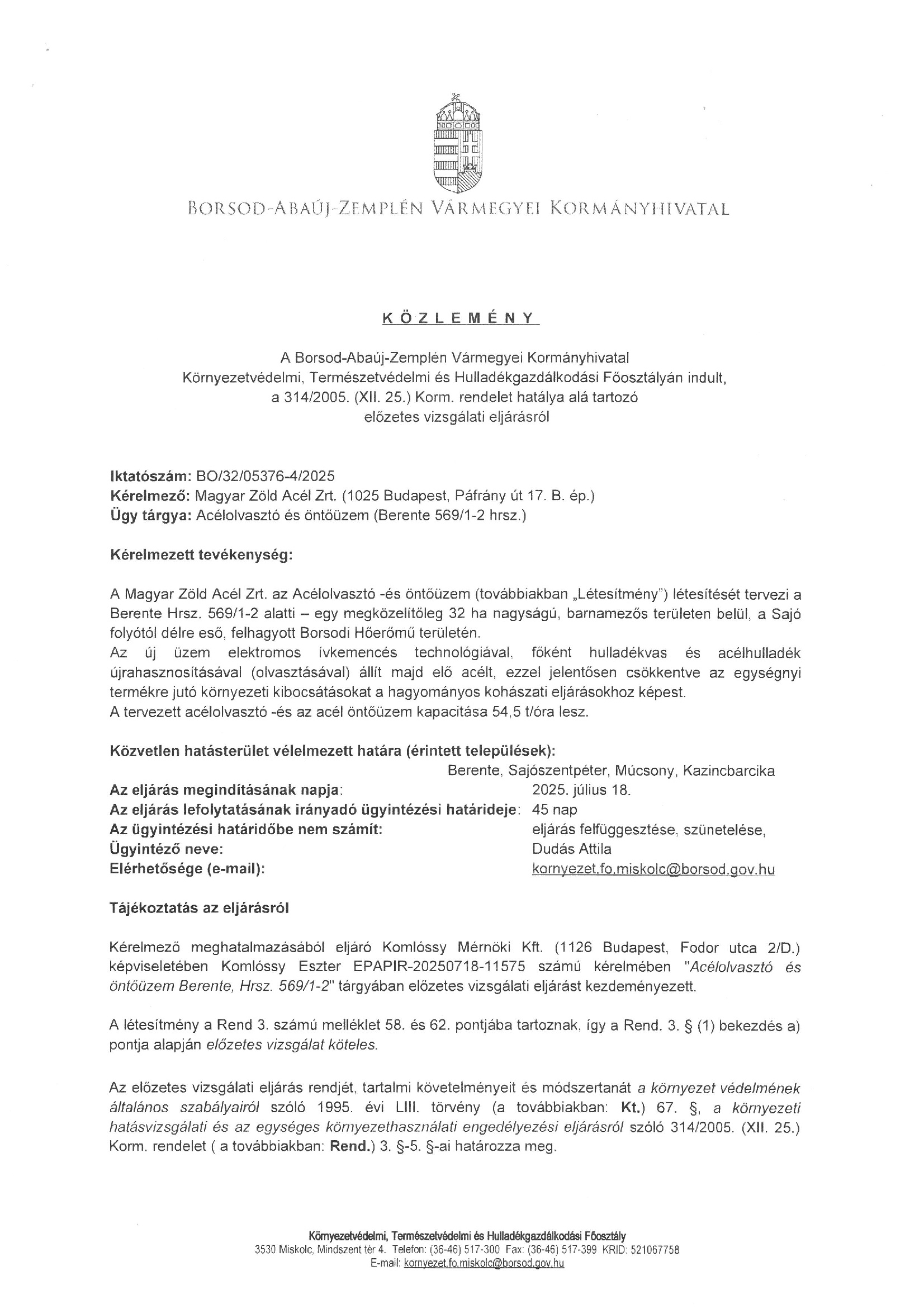 Borsod-Abaúj-Zemplén Vármegyei Kormányhivatal közleménye