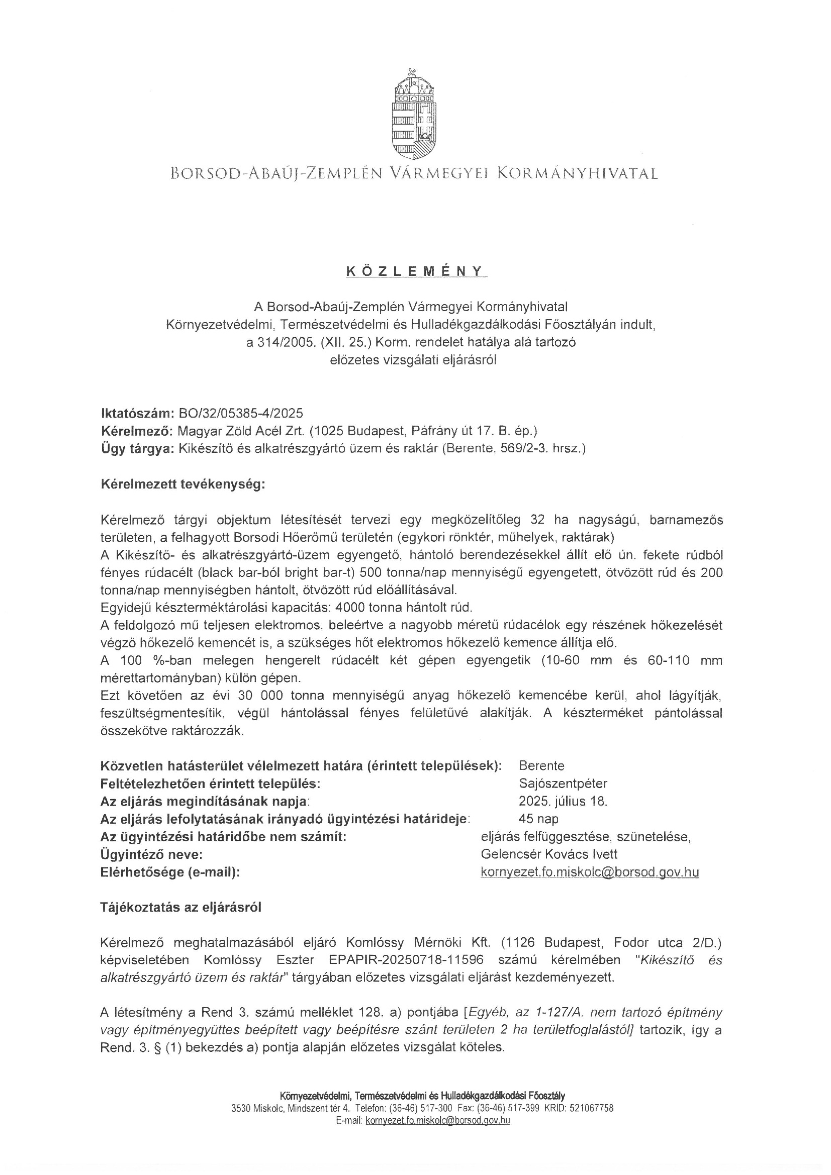 Borsod-Abaúj-Zemplén Vármegyei Kormányhivatal közleménye