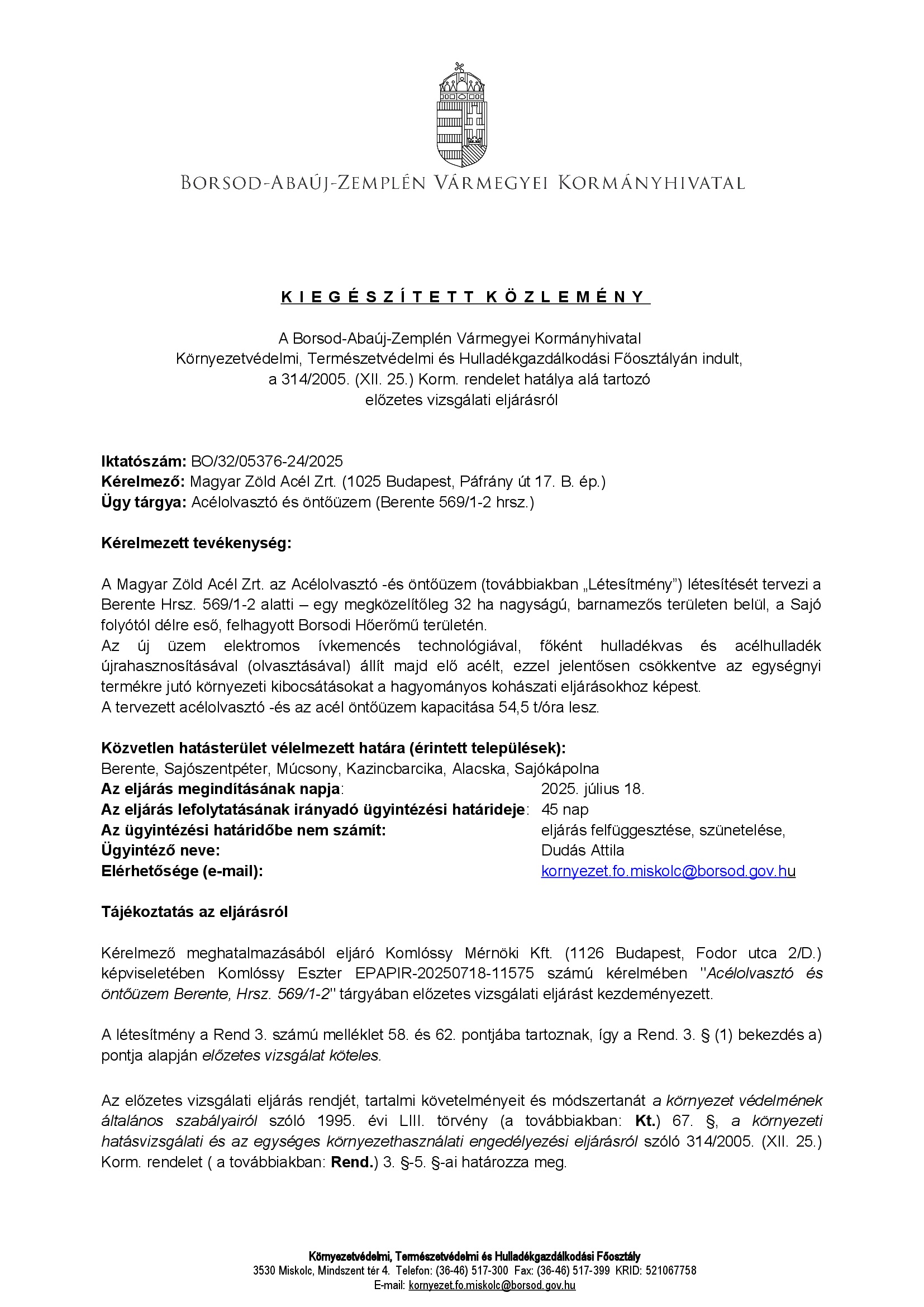A Borsod-Abaúj-Zemplén Vármegyei Kormányhivatal BO/32/05376-24/2025 iktatószámú kiegészített közleménye
