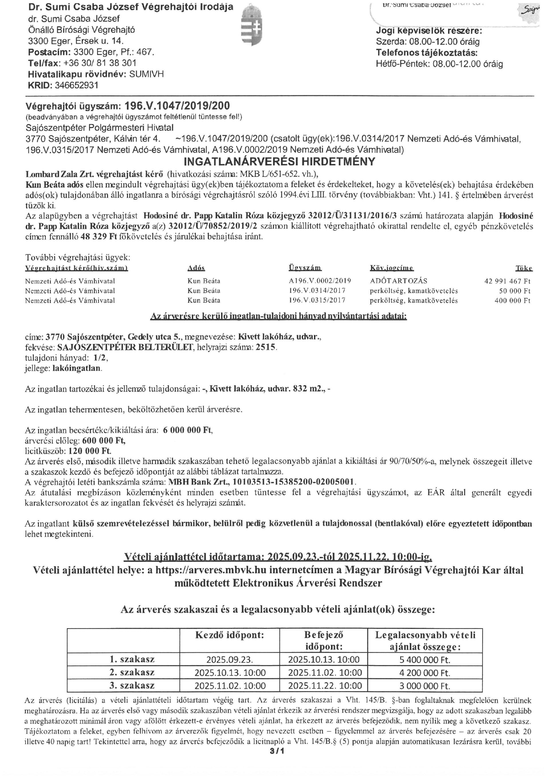 Ingatlanárverési hirdetmény - 196.V.1047/2019/200