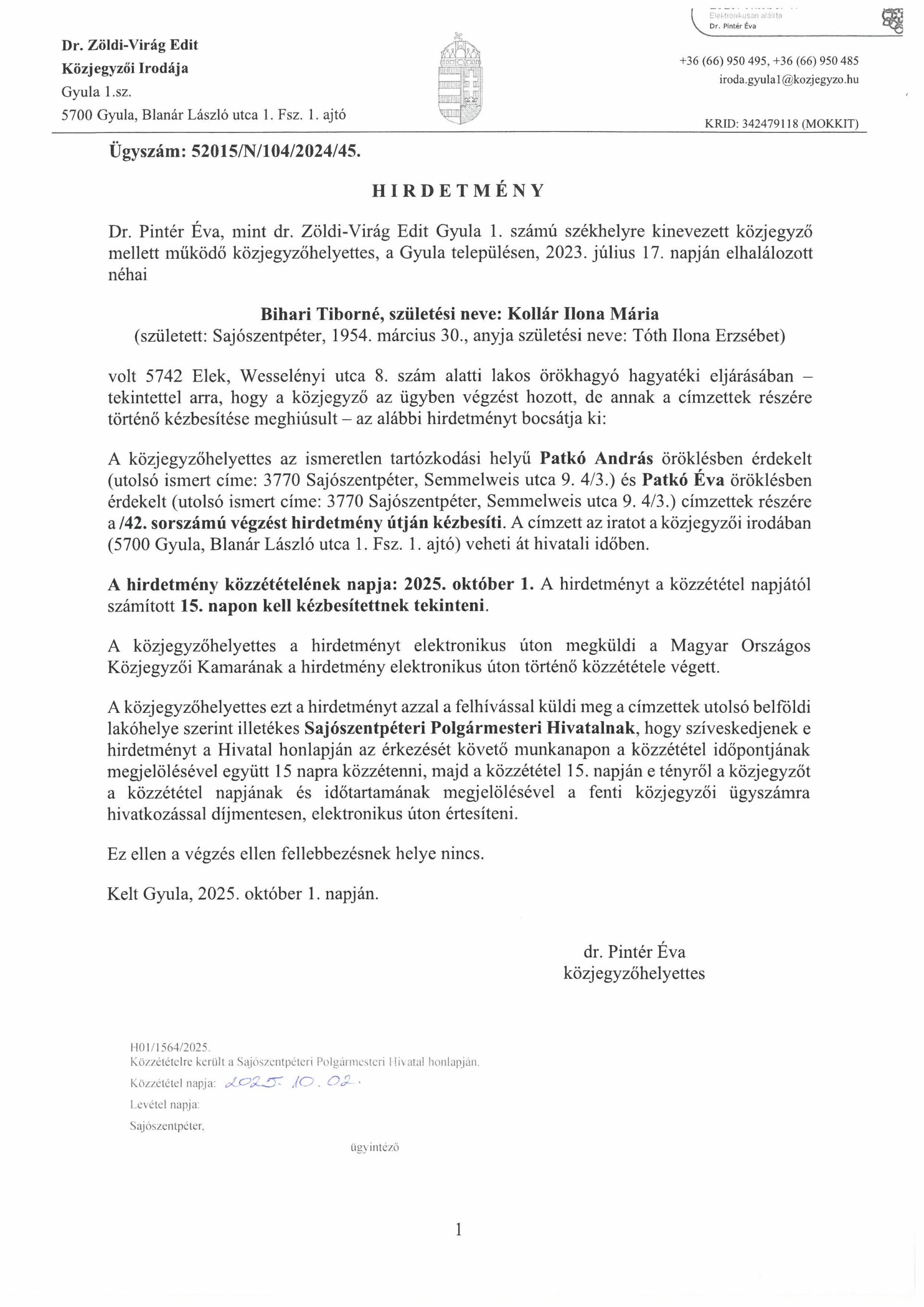 52015/N/104/2024/45. számú Hirdetmény