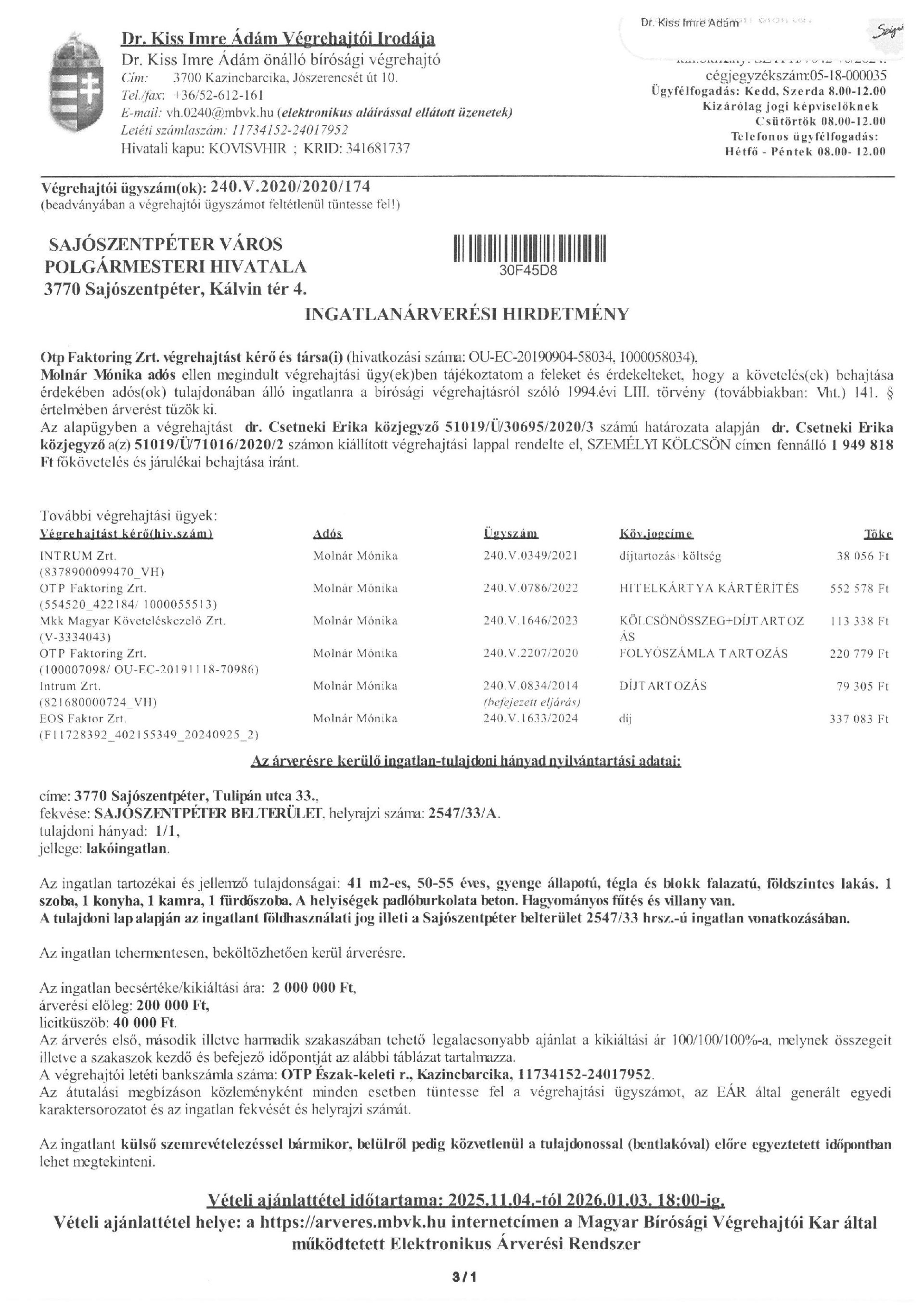 Ingatlanárverési hirdetmény 240.V.2020/2020/174 1.oldal